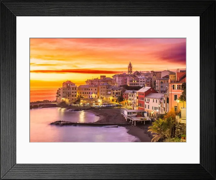 Framed Print : Bogliasco, Genoa, Italy town skyline on the Mediterranean sea at sunset