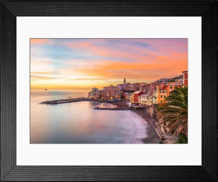 Framed Print : Bogliasco, Genoa, Italy town skyline on the Mediterranean sea at sunset Framed Print : Bogliasco, Genoa, Italy town skyline on the Mediterranean sea at sunset