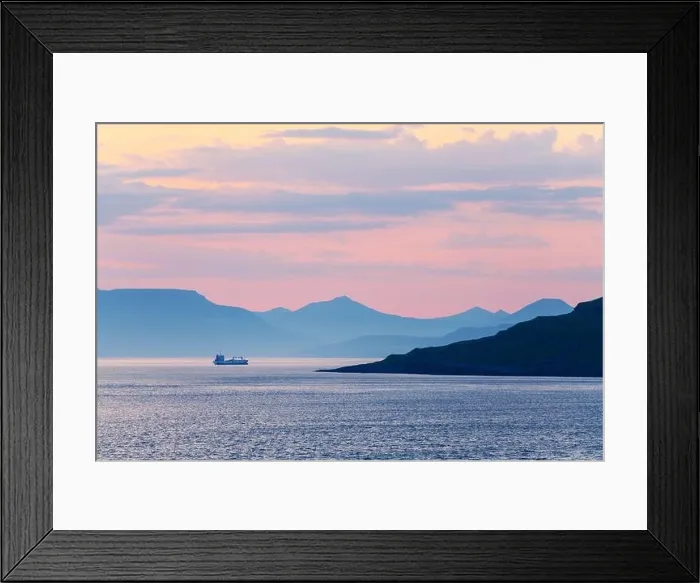 Framed Print : Beautiful summer sunset on Faroe Islands, Denmark. Lonely ship in the coastal waters. Landscape photography Framed Print : Beautiful summer sunset on Faroe Islands, Denmark. Lonely ship in the coastal waters. Landscape photography