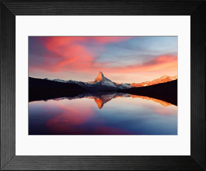 Framed Print : Splendid landscape with colorful sunrise on Stellisee lake. Snowy Matterhorn Cervino peak with reflection in clear water. Zermatt, Swiss Alps Framed Print : Splendid landscape with colorful sunrise on Stellisee lake. Snowy Matterhorn Cervino peak with reflection in clear water. Zermatt, Swiss Alps