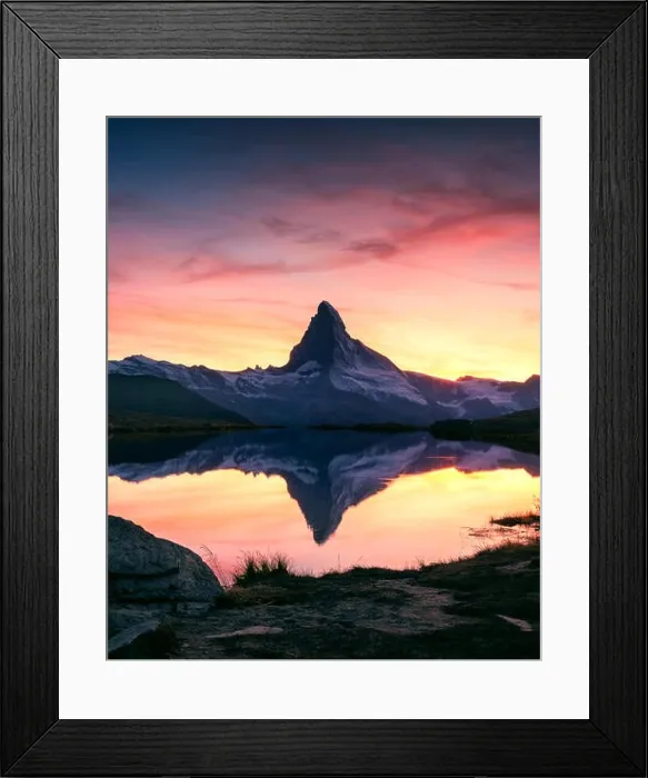 Framed Print : Splendid landscape with colorful sunrise on Stellisee lake with Matterhorn peak on background. Zermatt, Swiss Alps Framed Print : Splendid landscape with colorful sunrise on Stellisee lake with Matterhorn peak on background. Zermatt, Swiss Alps
