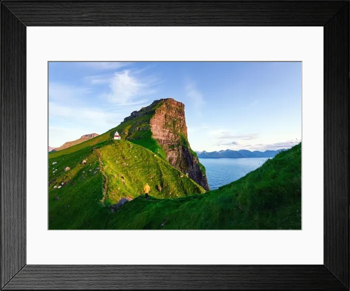 Framed Print : Kallur lighthouse on green hills of Kalsoy island, Faroe islands, Denmark. Landscape photography