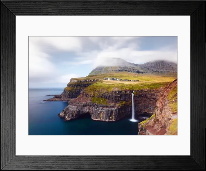 Framed Print : Incredible autumn view of Mulafossur waterfall in Gasadalur village, Vagar Island of the Faroe Islands, Denmark. Landscape photography Framed Print : Incredible autumn view of Mulafossur waterfall in Gasadalur village, Vagar Island of the Faroe Islands, Denmark. Landscape photography