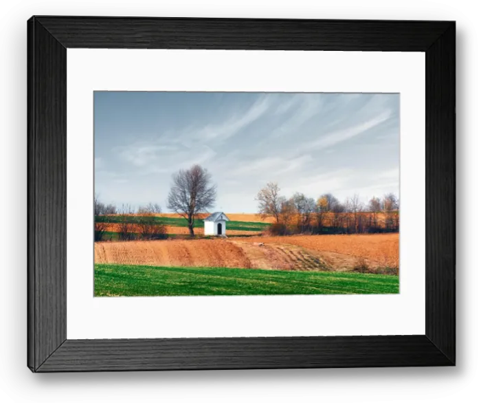 Framed Print : Small chapel on agriculture field in spring time, south Moravia, Czech republic Framed Print : Small chapel on agriculture field in spring time, south Moravia, Czech republic