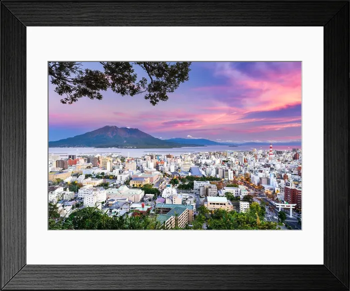 Framed Print : Kagoshima, Japan with Sakurajima Volcano Framed Print : Kagoshima, Japan with Sakurajima Volcano