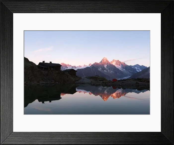 Framed Print : Colourful sunset on Lac Blanc lake in France Alps. Monte Bianco mountain range on background Framed Print : Colourful sunset on Lac Blanc lake in France Alps. Monte Bianco mountain range on background