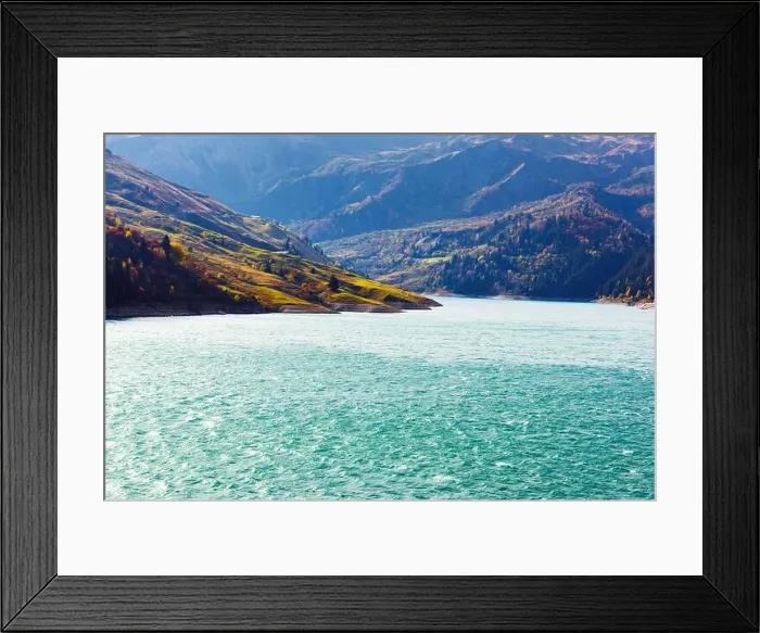 Framed Print : Autumn picturesque view on Roselend lake (Lac de Roselend) in France Alps (Auvergne-Rhone-Alpes). Landscape photography Framed Print : Autumn picturesque view on Roselend lake (Lac de Roselend) in France Alps (Auvergne-Rhone-Alpes). Landscape photography