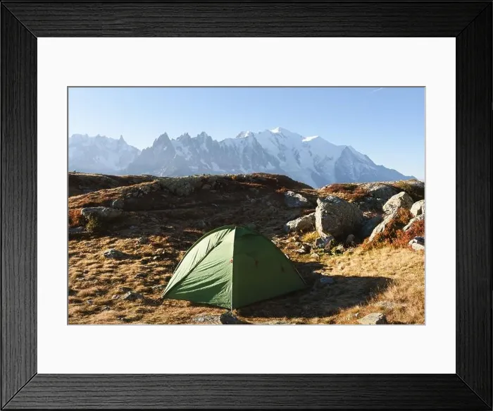 Framed Print : Amazing view on Monte Bianco mountains range with green tent and Monblan on background. Vallon de Berard Nature Preserve, Chamonix, Graian Alps Framed Print : Amazing view on Monte Bianco mountains range with green tent and Monblan on background. Vallon de Berard Nature Preserve, Chamonix, Graian Alps