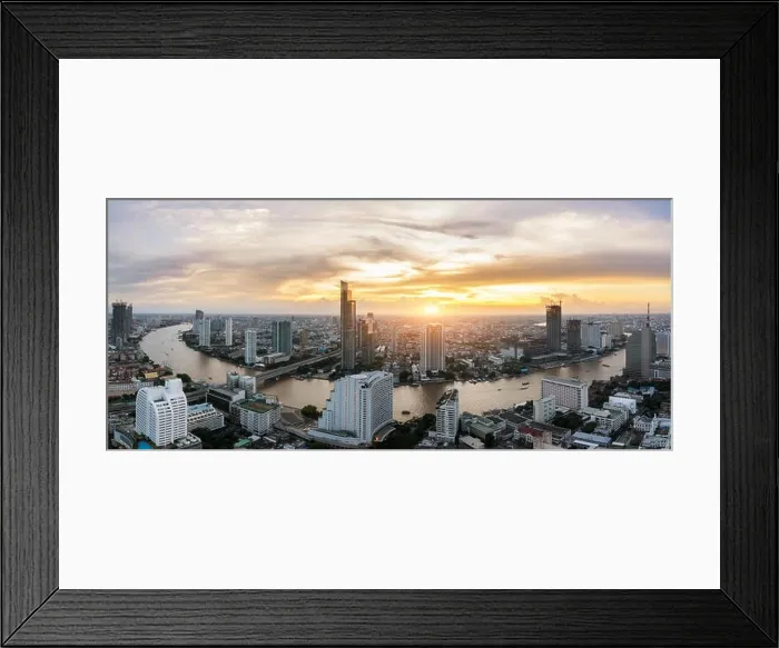 Framed Print : Landscape of Chao phraya river in Bangkok city in evening time with bird view. Bangkok City at night time, Hotel and resident area in the capital of T