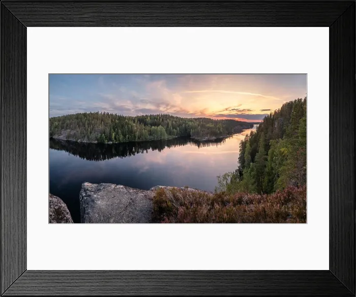 Framed Print : Scenic forest landscape with tranquil mood and idyllic sunset at summer evening in Finland Framed Print : Scenic forest landscape with tranquil mood and idyllic sunset at summer evening in Finland