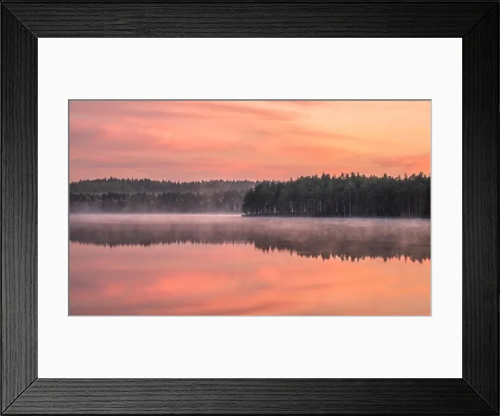 Framed Print : Beautiful sunrise landscape with misty mood and calm lake at foggy summer morning in Finland Framed Print : Beautiful sunrise landscape with misty mood and calm lake at foggy summer morning in Finland