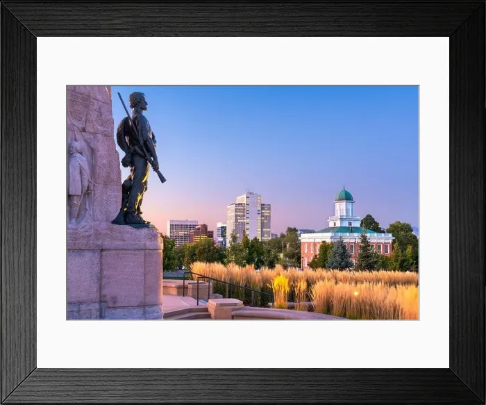 Framed Print : SALT LAKE CITY, UTAH - Dawn with the Mormon Battalion Monument constructed in 1927 from the grounds of state capitol Framed Print : SALT LAKE CITY, UTAH - Dawn with the Mormon Battalion Monument constructed in 1927 from the grounds of state capitol