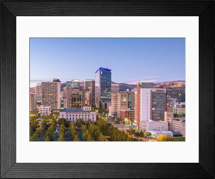 Framed Print : Salt Lake City, Utah, USA downtown financial district cityscape at twilight