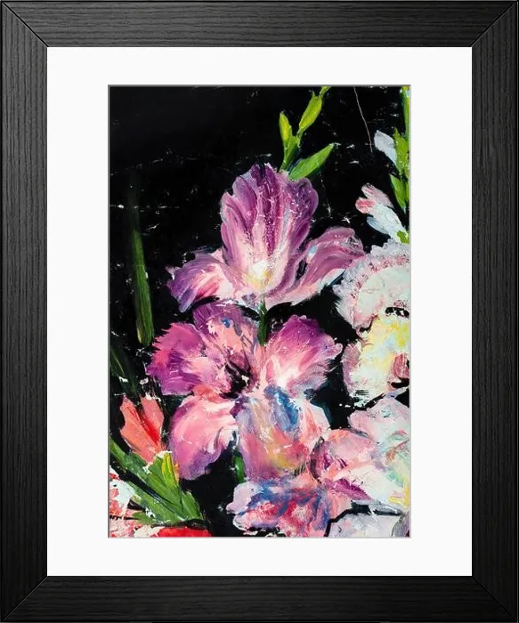 Framed Print : Adorable painting flowers on black background, new creative artwork. Hand drawn oil painting. Abstract art background. Oil painting on canvas. Color Framed Print : Adorable painting flowers on black background, new creative artwork. Hand drawn oil painting. Abstract art background. Oil painting on canvas. Color