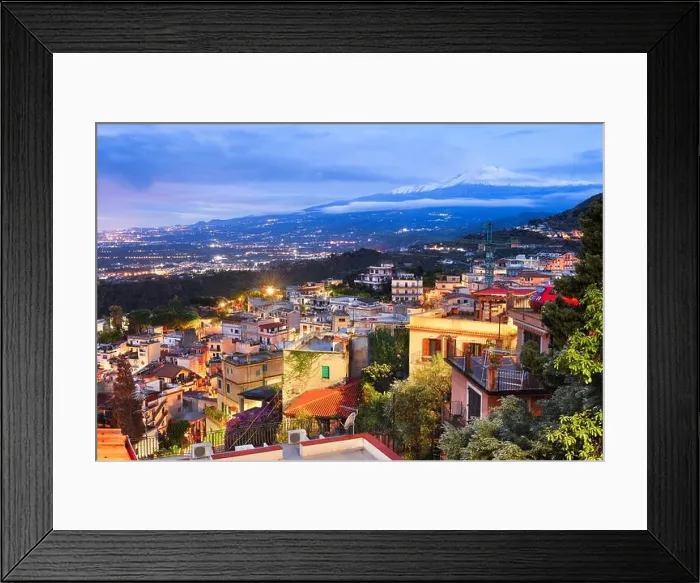 Framed Print : Taormina, Sicily, Italy historic town at dusk Framed Print : Taormina, Sicily, Italy historic town at dusk