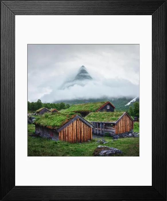 Framed Print : Norwegian old wooden fishing houses with grass roofs in Innerdalen - Norway's most beautiful mountains valley, near Innerdalsvatna lake Framed Print : Norwegian old wooden fishing houses with grass roofs in Innerdalen - Norway's most beautiful mountains valley, near Innerdalsvatna lake