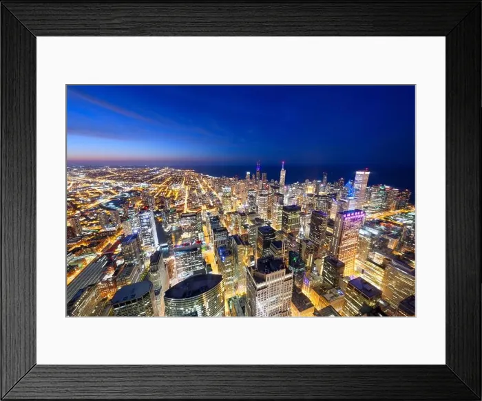 Framed Print : Chicago, Illinois USA aerial skyline towards Lake Michigan just after sunset Framed Print : Chicago, Illinois USA aerial skyline towards Lake Michigan just after sunset