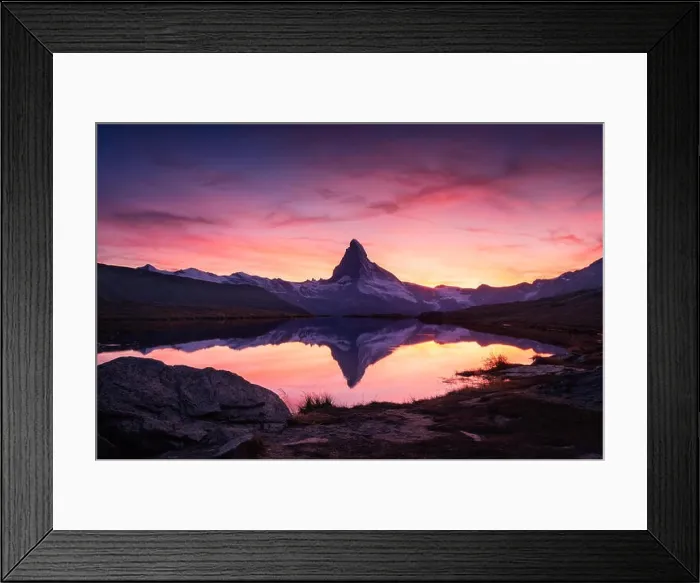 Framed Print : Picturesque landscape with colorful sunrise on Stellisee lake. Snowy Matterhorn Cervino peak with reflection in clear water. Zermatt, Swiss Alps Framed Print : Picturesque landscape with colorful sunrise on Stellisee lake. Snowy Matterhorn Cervino peak with reflection in clear water. Zermatt, Swiss Alps