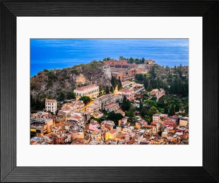 Framed Print : Taormina, Sicily, Italy historic town at dusk Framed Print : Taormina, Sicily, Italy historic town at dusk