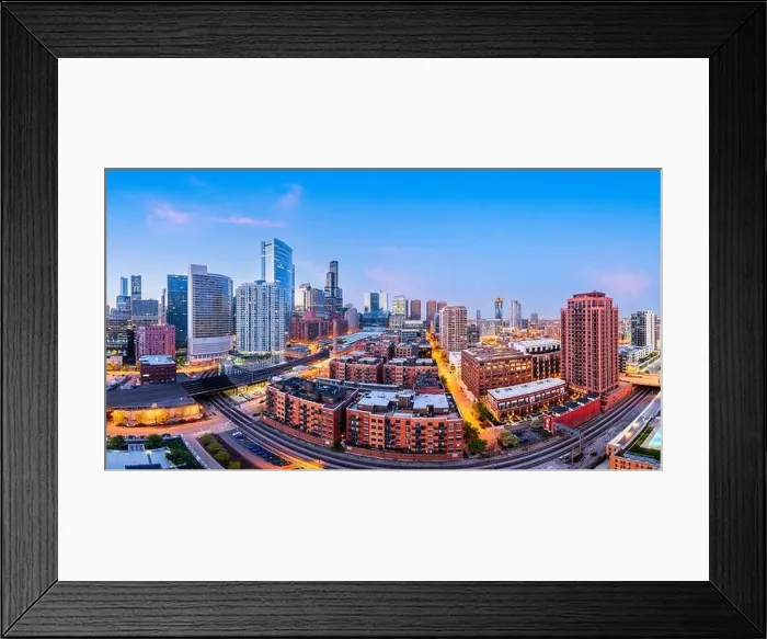 Framed Print : Chicago, Illinois, USA downtown cityscape panoram at dusk Framed Print : Chicago, Illinois, USA downtown cityscape panoram at dusk