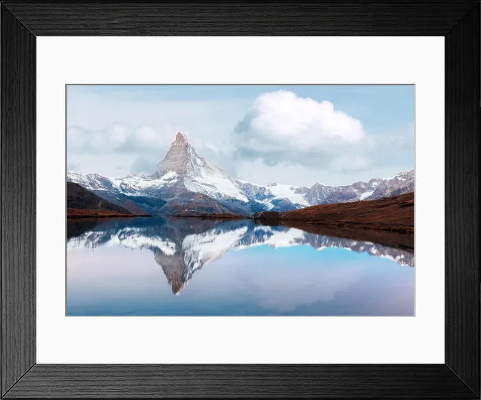 Framed Print : Amazing colorful sunrise on Stellisee lake. Snowy Matterhorn Cervino peak with reflection in clear water. Zermatt, Swiss Alps, Switzerland Framed Print : Amazing colorful sunrise on Stellisee lake. Snowy Matterhorn Cervino peak with reflection in clear water. Zermatt, Swiss Alps, Switzerland