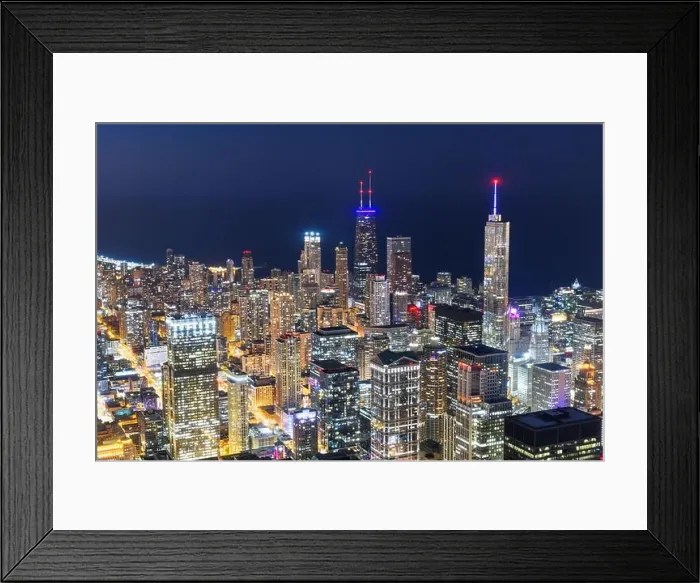 Framed Print : Chicago, Illinois USA aerial skyline towards Lake Michigan at night Framed Print : Chicago, Illinois USA aerial skyline towards Lake Michigan at night
