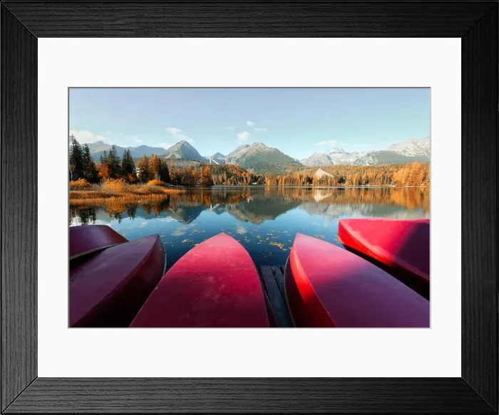 Framed Print : Red boats on Strbske Pleso lake. Location: High Tatras National Park, Slovakia Framed Print : Red boats on Strbske Pleso lake. Location: High Tatras National Park, Slovakia