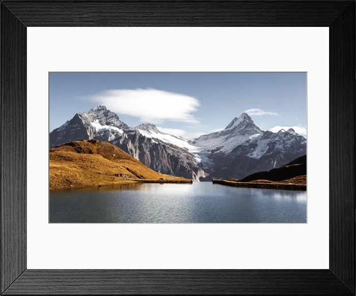 Framed Print : Panorama of Bachalpsee lake in Swiss Alps mountains. Snowy peaks of Wetterhorn, Mittelhorn and Rosenhorn on background Framed Print : Panorama of Bachalpsee lake in Swiss Alps mountains. Snowy peaks of Wetterhorn, Mittelhorn and Rosenhorn on background