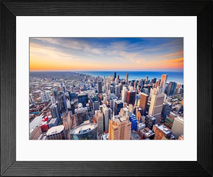 Framed Print : Chicago, Illinois USA aerial skyline towards Lake Michigan just after sunset