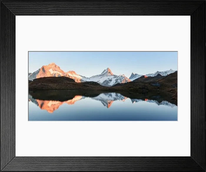 Framed Print : Wide panorama of Bachalpsee lake in Swiss Alps mountains. Snowy peaks of Wetterhorn, Mittelhorn and Rosenhorn on background Framed Print : Wide panorama of Bachalpsee lake in Swiss Alps mountains. Snowy peaks of Wetterhorn, Mittelhorn and Rosenhorn on background