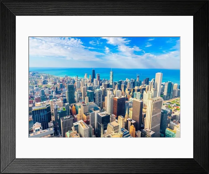 Framed Print : Chicago, Illinois, USA aerial downtown skyline towards Lake Michigan in the afternoon Framed Print : Chicago, Illinois, USA aerial downtown skyline towards Lake Michigan in the afternoon