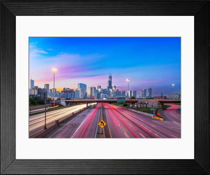 Framed Print : Chicago, Illinois, USA downtown skyline over highways at twilight Framed Print : Chicago, Illinois, USA downtown skyline over highways at twilight