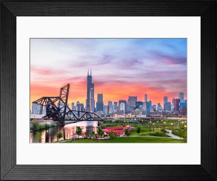 Framed Print : Chicago, Illinois, USA park and downtown skyline at twilight in spring Framed Print : Chicago, Illinois, USA park and downtown skyline at twilight in spring
