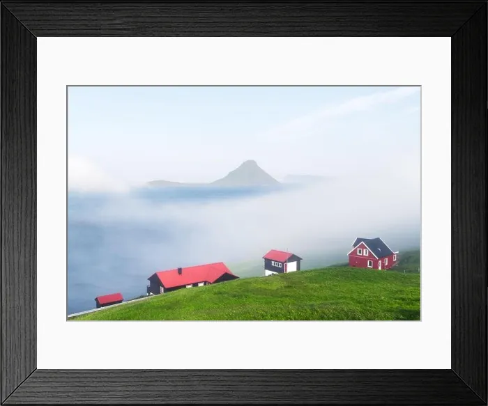 Framed Print : Foggy morning view of a houses with red roof in the Velbastadur village on Streymoy island, Faroe islands, Denmark. Landscape photography Framed Print : Foggy morning view of a houses with red roof in the Velbastadur village on Streymoy island, Faroe islands, Denmark. Landscape photography