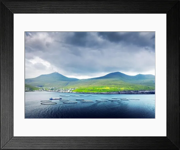 Framed Print : Dramatic morning view on Sandavagur village and fish farm on Vagar island, Faroe Islands, Denmark. Landscape photography Framed Print : Dramatic morning view on Sandavagur village and fish farm on Vagar island, Faroe Islands, Denmark. Landscape photography