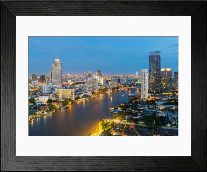 Framed Print : Bangkok city along chaophraya river in night, Thailand Framed Print : Bangkok city along chaophraya river in night, Thailand