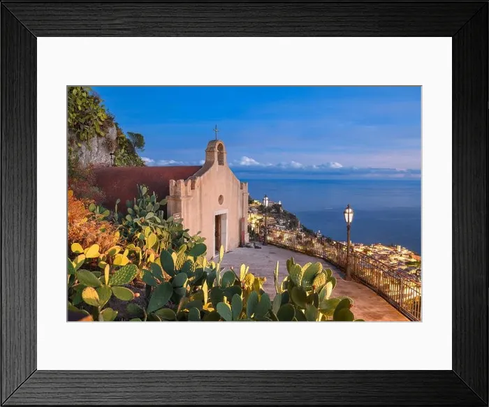 Framed Print : Taormina, Sicily, Italy with the ancient Church of San Biagio at dusk Framed Print : Taormina, Sicily, Italy with the ancient Church of San Biagio at dusk