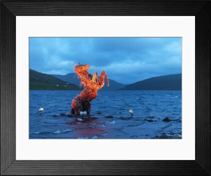 Framed Print : Incredible evening scene with luminous mythical horse Nykur Nix Statue in Sorvagsvatn lake waters near the airport in Vagar on the Faroe Islands Framed Print : Incredible evening scene with luminous mythical horse Nykur Nix Statue in Sorvagsvatn lake waters near the airport in Vagar on the Faroe Islands