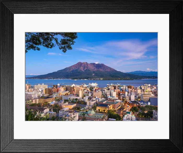Framed Print : Kagoshima, Japan city skyline with Sakurajima Volcano Framed Print : Kagoshima, Japan city skyline with Sakurajima Volcano