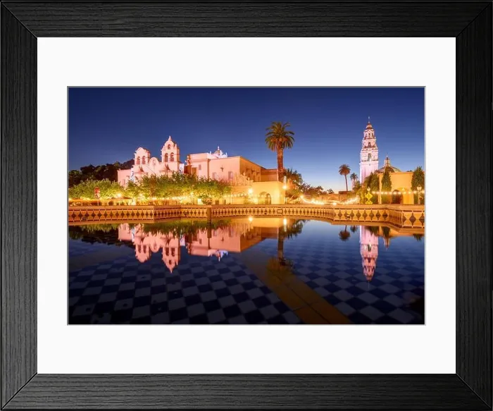 Framed Print : San Diego, California, USA plaza fountain at night in the Prado Framed Print : San Diego, California, USA plaza fountain at night in the Prado
