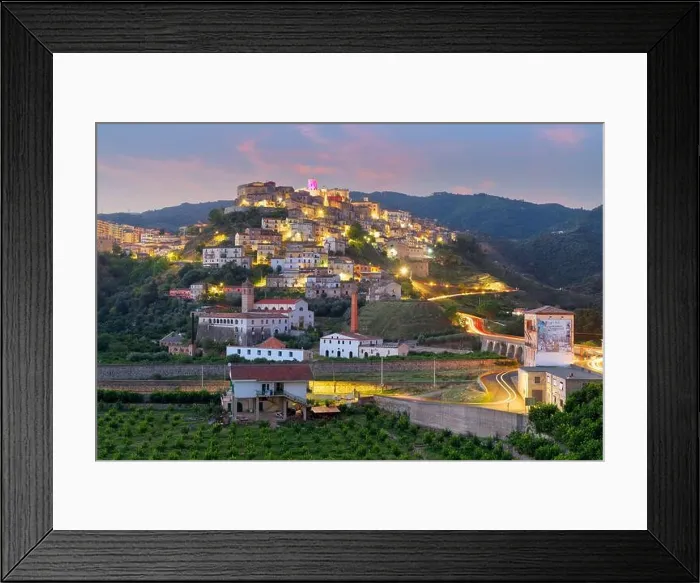 Framed Print : Corigliano Calabro, Italy hilltop townscape at twilight Framed Print : Corigliano Calabro, Italy hilltop townscape at twilight