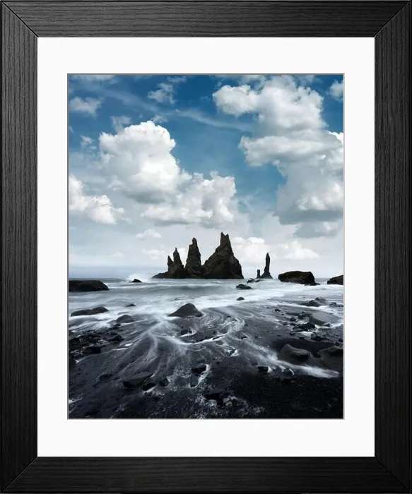 Framed Print : Breathtaking landscape with basalt rock formations Troll Toes on Black beach, stormy ocean waves and cloudscape. Reynisdrangar, Vik, Iceland Framed Print : Breathtaking landscape with basalt rock formations Troll Toes on Black beach, stormy ocean waves and cloudscape. Reynisdrangar, Vik, Iceland