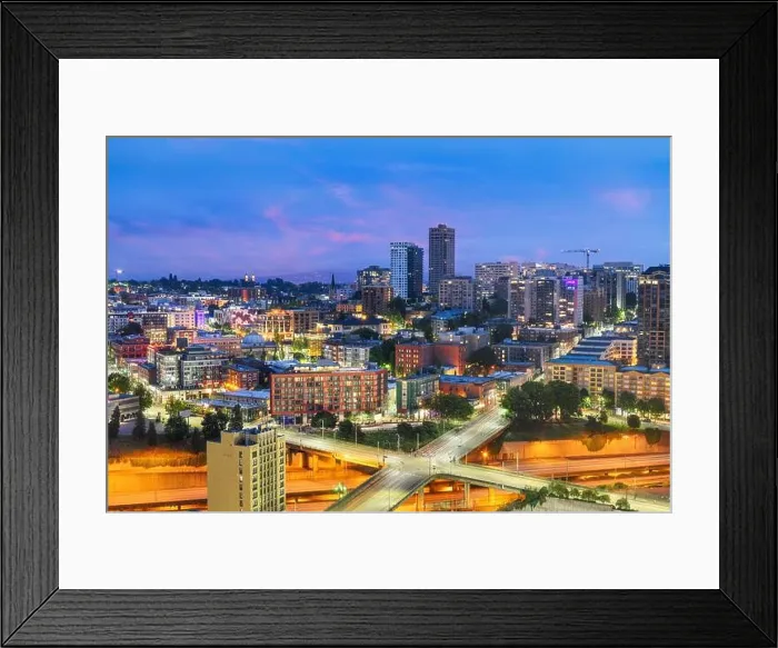 Framed Print : Roads and buildings in downtown Seattle, Washington, USA