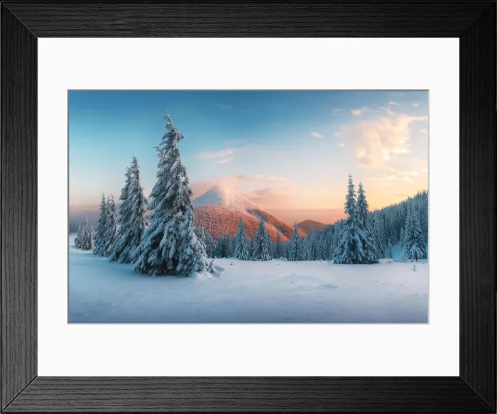 Framed Print : Fantastic orange sunset in snowy mountains. Picturesque winter scene with snowy trees and glowing mountain peak Framed Print : Fantastic orange sunset in snowy mountains. Picturesque winter scene with snowy trees and glowing mountain peak