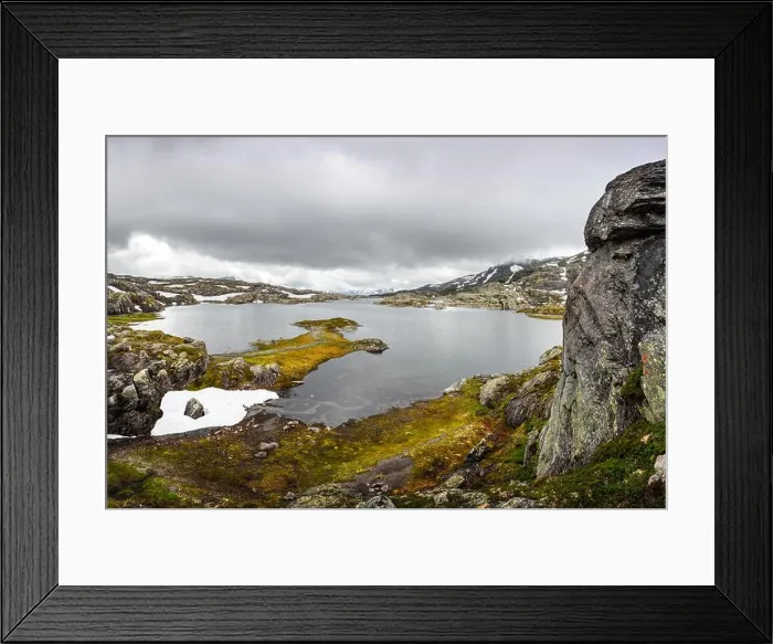 Framed Print : Amazing norwegian landscape with clear lake and snowy mountains