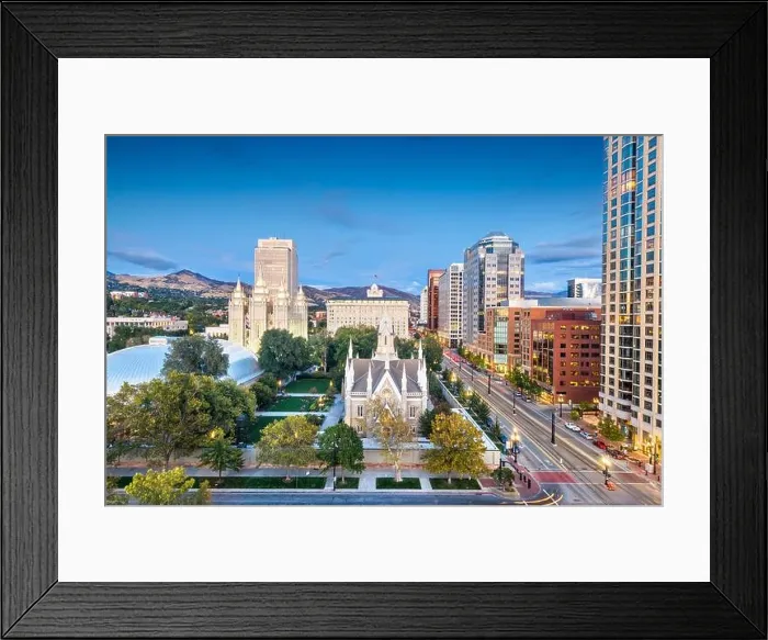Framed Print : Salt Lake City, Utah, USA downtown cityscape over Temple Square at dusk Framed Print : Salt Lake City, Utah, USA downtown cityscape over Temple Square at dusk