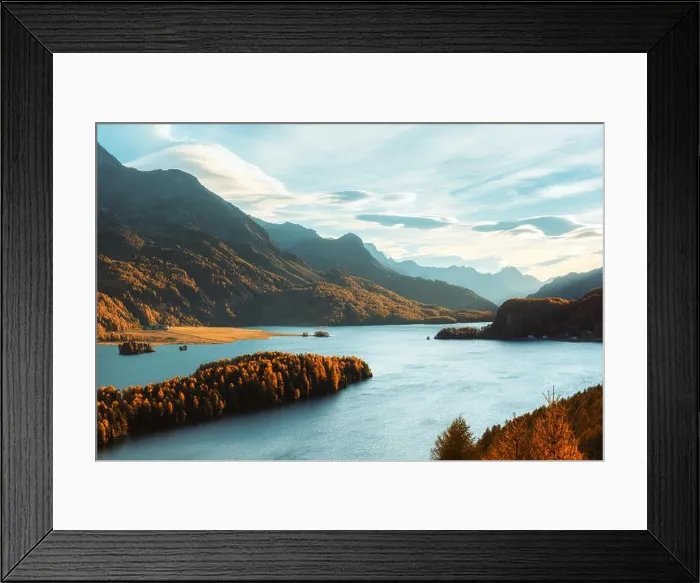 Framed Print : Epic view on autumn lake Sils (Silsersee) in Swiss Alps. Autumn forest with yellow larch on background. Landscape photography Framed Print : Epic view on autumn lake Sils (Silsersee) in Swiss Alps. Autumn forest with yellow larch on background. Landscape photography
