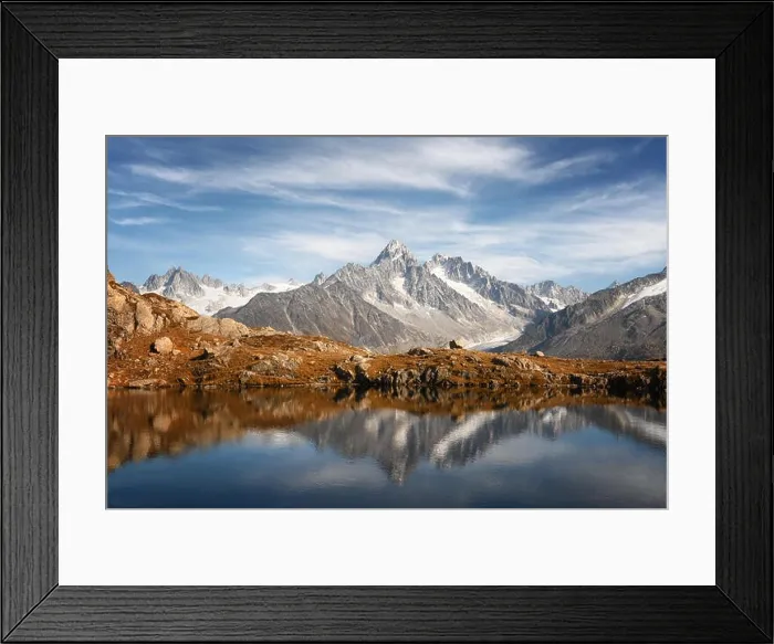 Framed Print : Sunny day on Chesery lake (Lac De Cheserys) in France Alps. Monte Bianco mountain range on background Framed Print : Sunny day on Chesery lake (Lac De Cheserys) in France Alps. Monte Bianco mountain range on background