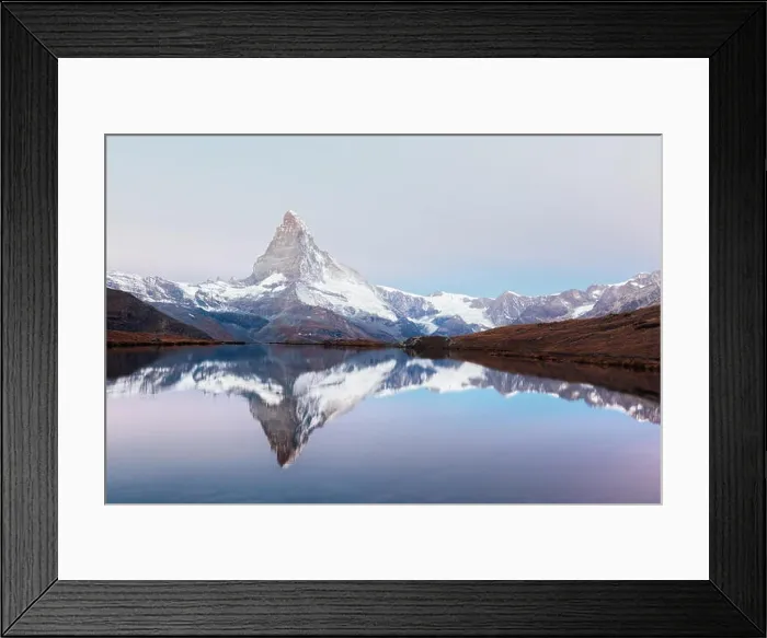 Framed Print : Picturesque landscape with colorful sunrise on Stellisee lake. Snowy Matterhorn Cervino peak with reflection in clear water. Zermatt, Swiss Alps Framed Print : Picturesque landscape with colorful sunrise on Stellisee lake. Snowy Matterhorn Cervino peak with reflection in clear water. Zermatt, Swiss Alps