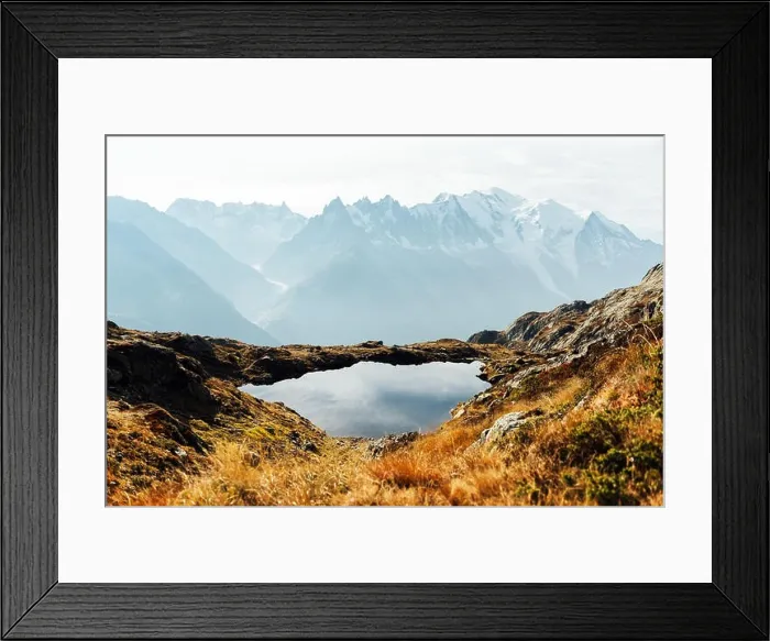 Framed Print : Colourful autumn landscape with Chesery lake (Lac De Cheserys) and snowy Monte Bianco mountains range on background